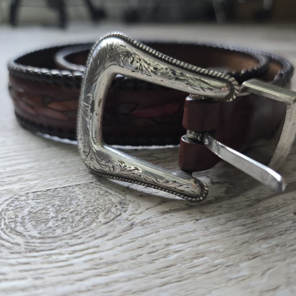 Vintage 1996 Onyx by Brighton Leather Belt 36 Silver Western Buckle Brown USA